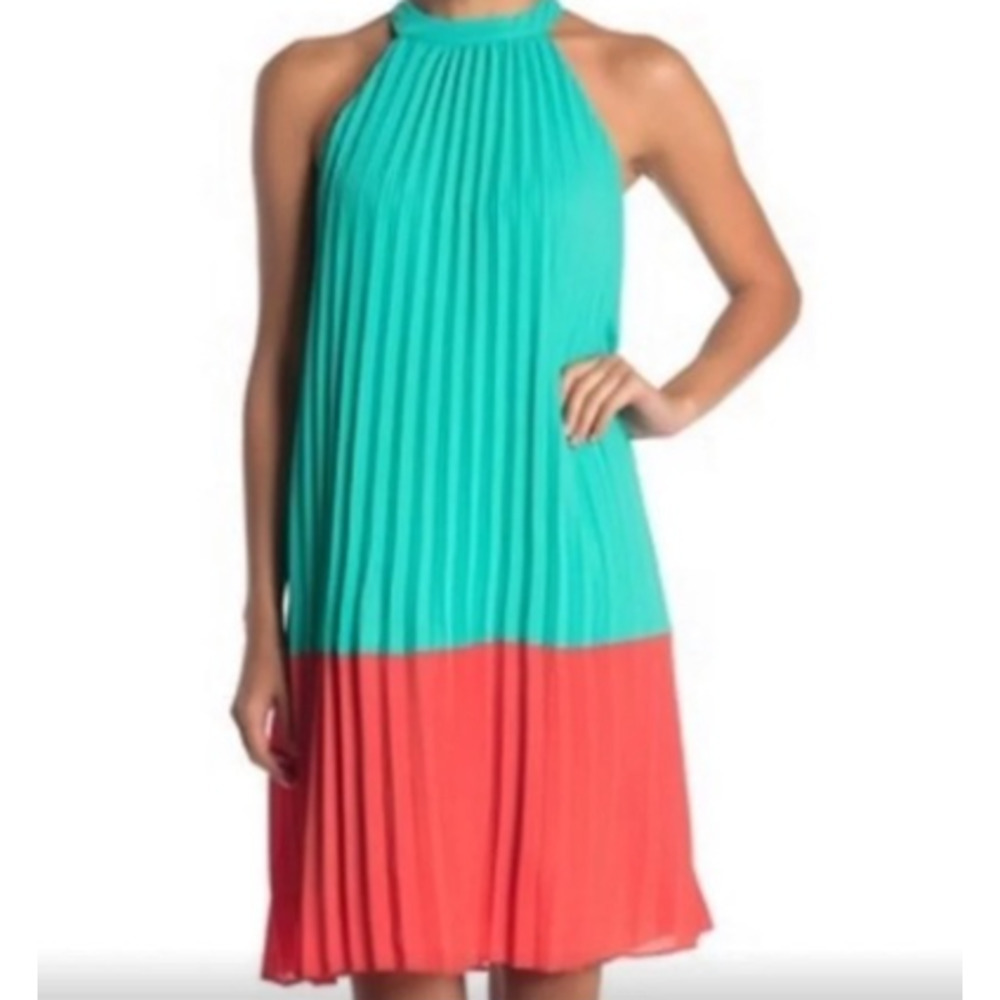 One one Six Summer Halter Dress Pleated Teal and Orange Size small NWT